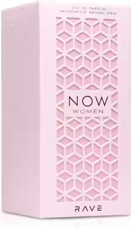Pink Rave Now Women Eau de Parfum box with a geometric honeycomb pattern on the front and the text 'NOW WOMEN' and 'RAVE' visible.