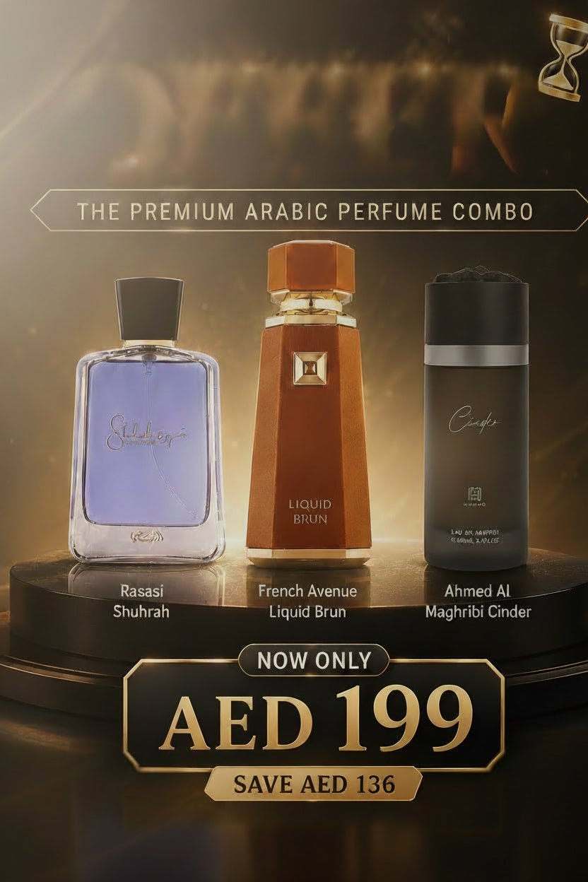 Premium Arabic perfume combo featuring Rasasi Shuhrah, French Avenue Liquid Brun and Ahmed Al Maghribi Cinder, special offer AED 199 at Elmeira UAE.