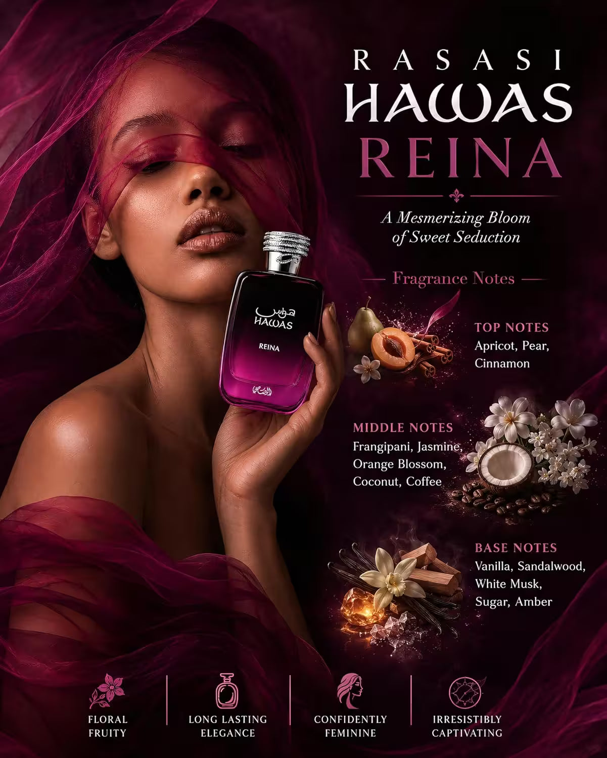 Fragrance advertisement for Rasasi Hawas Reina perfume, showing a woman in deep magenta tones holding a purple perfume bottle. The right side features fragrance notes and scent profile text with illustrations of spices and flowers.