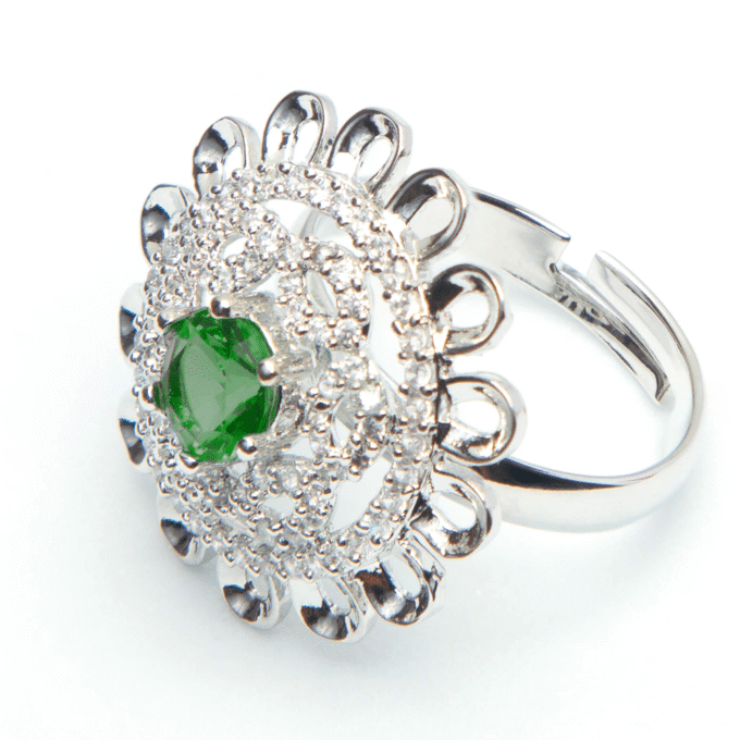 Silver Plated Dark Green American Diamond Studded Ring