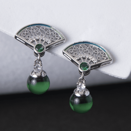 Silver Plated American Diamond Green Stud Earrings