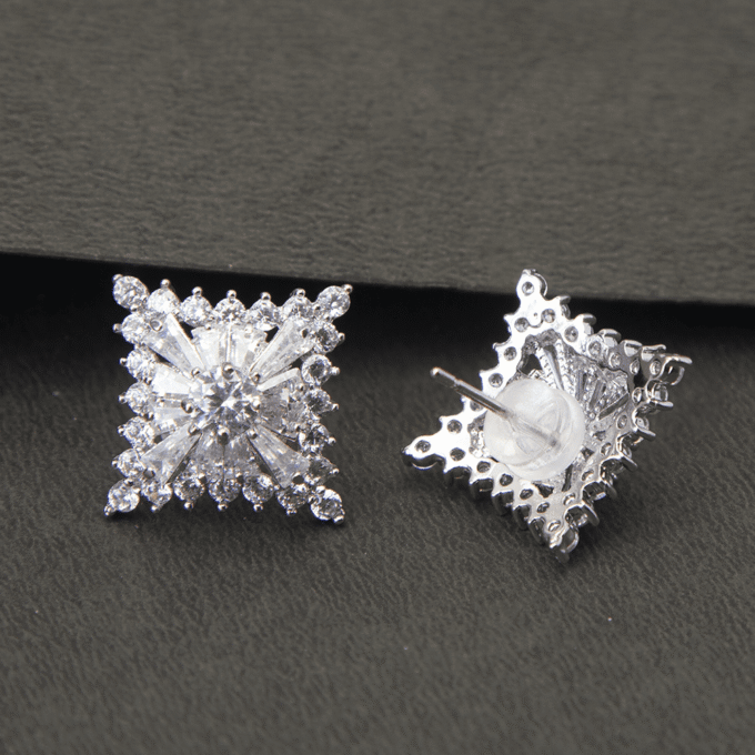 Square Flower Silver Plated Zircon Earrings