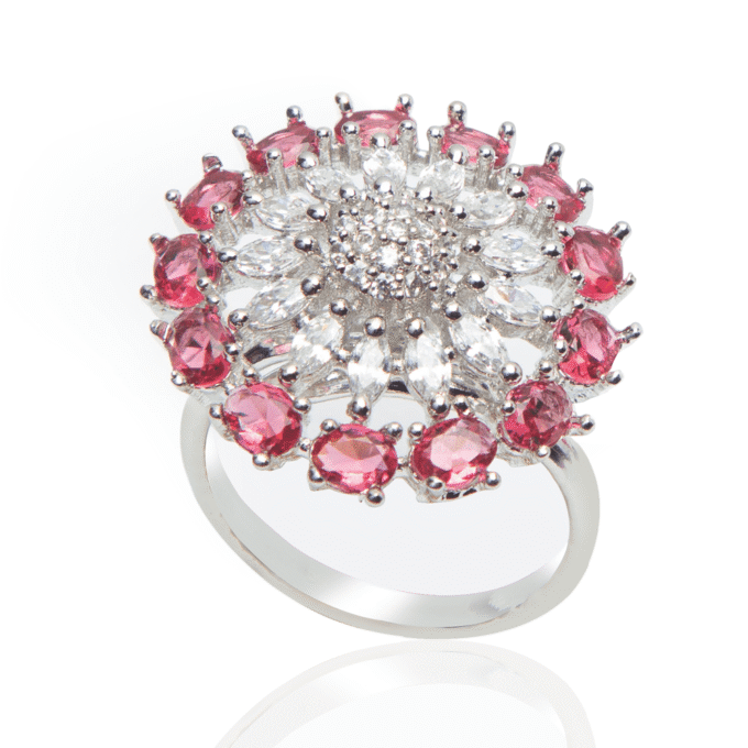Pink American Diamond & Silver Plated Adjustable Ring