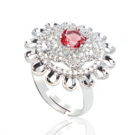 Silver Plated Red American Diamond Studded Ring