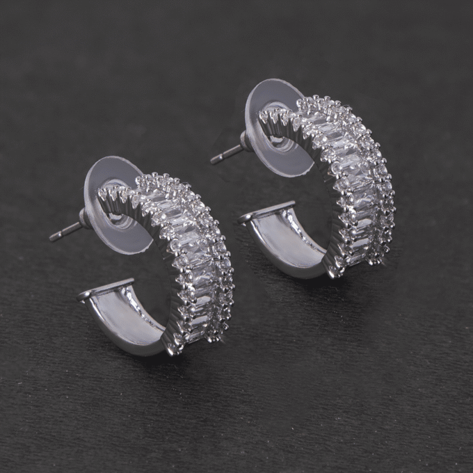 Silver Diamond Simulant Detailed Hoop Earrings