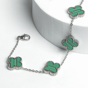 JELLY Women's Steel Gold Color Green Enamel Clover Model Bracelet