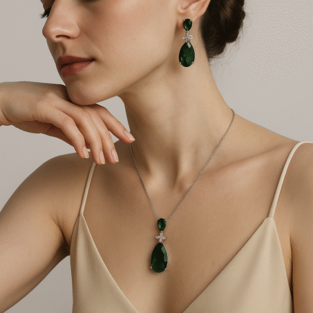 Silver-Plated Cubic Zirconia Studded Pear Shaped Necklace Set
