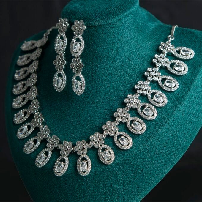 American Diamond Semi Precious Stone Necklace With Earring