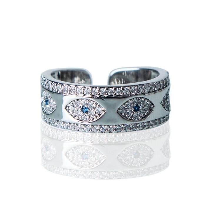 Thick Evil Eyes Rhodium Plated AD Ring