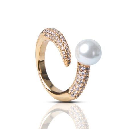 1pc Gold Plated Faux Pearl & Zirconia Open Finger Ring