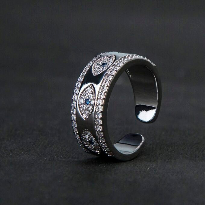Thick Evil Eyes Rhodium Plated AD Ring