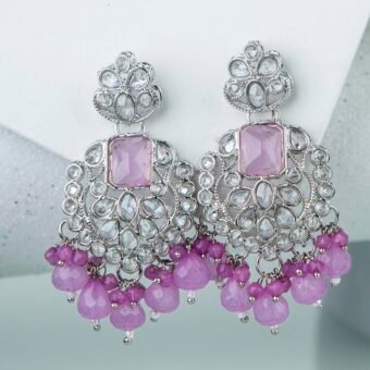 Rhodium plated Contemporary Pink Cubic Zirconia Drop Earrings