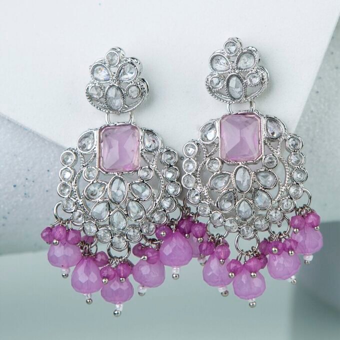 Rhodium plated Contemporary Pink Cubic Zirconia Drop Earrings