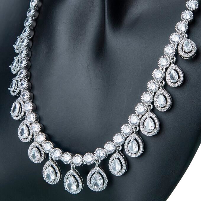 Silver Plated Tear Drops Cubic Zirconia Earing & Necklace Set