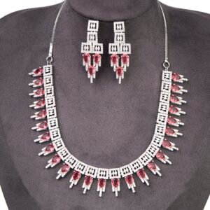 Wine AD Stone Embellished Necklace With Earring Set