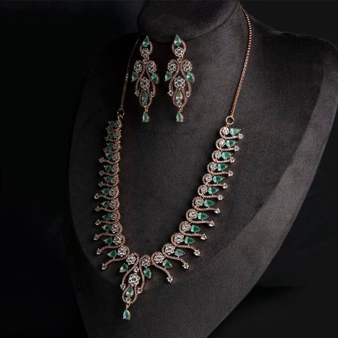 American Diamond Green Color Stone Rose Gold Necklace Set