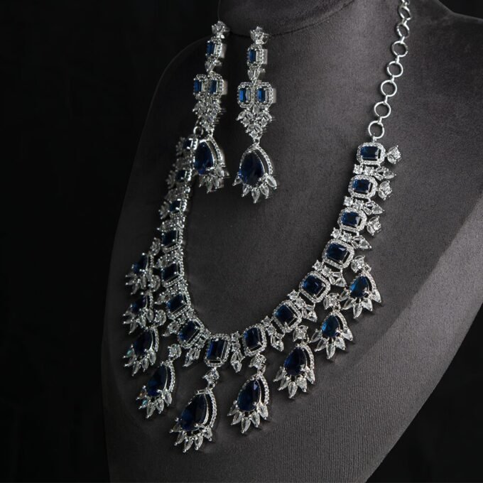 Celebrity Inspired Blue CZ Necklace With Earrings Set