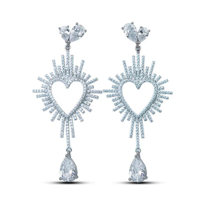 Rhodium plated White Heart Shape Cubic Zirconia Earrings