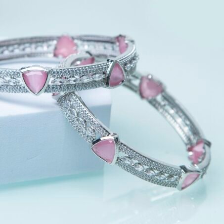 Rhodium Plated Glistening Mint Pink American Diamond Bangles