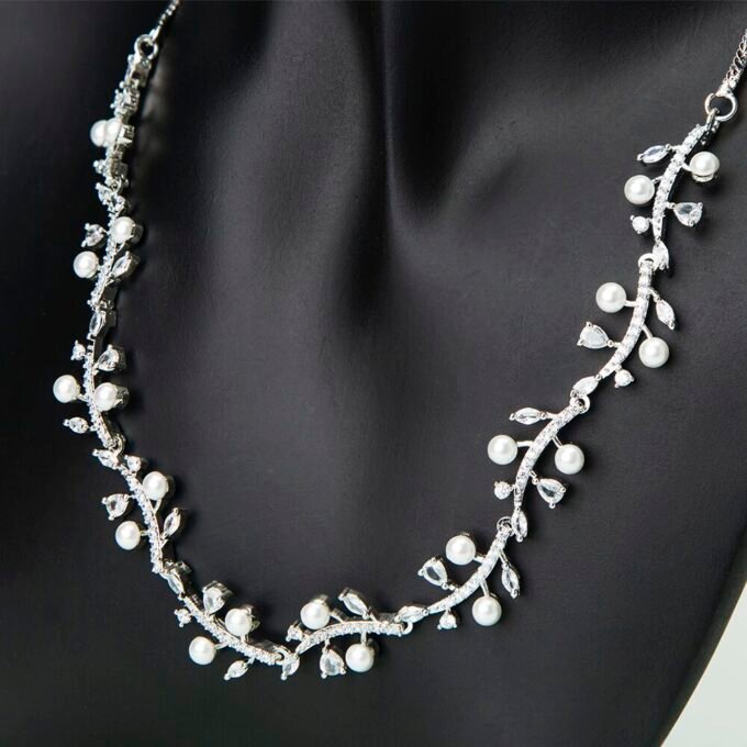 Ethereal Grace: American Diamond & Pearl Vine Necklace Set