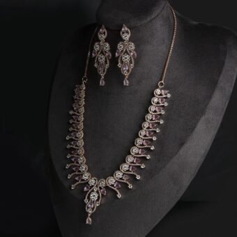 American Diamond Pink Color Stone Rose Gold Necklace Set