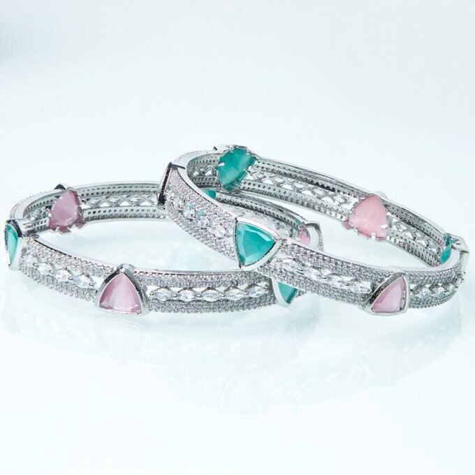 Rhodium Plated Glistening Mint Pink American Diamond Bangles