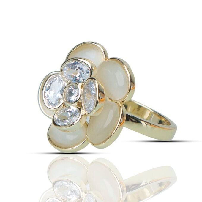 Gold Plated Rotating Floral Cubic Zirconia Finger Ring