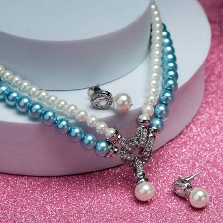 Elegant Blue shining Multi Layer Pearl Earring and Necklace Set