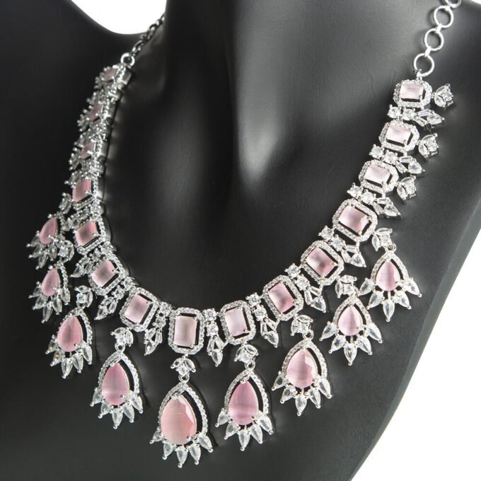 Celebrity Inspired Pink CZ Necklace With Earrings Set