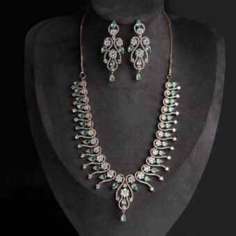 American Diamond Green Color Stone Rose Gold Necklace Set