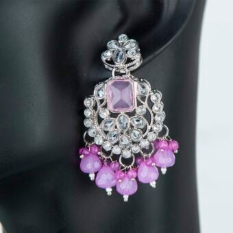Rhodium plated Contemporary Pink Cubic Zirconia Drop Earrings