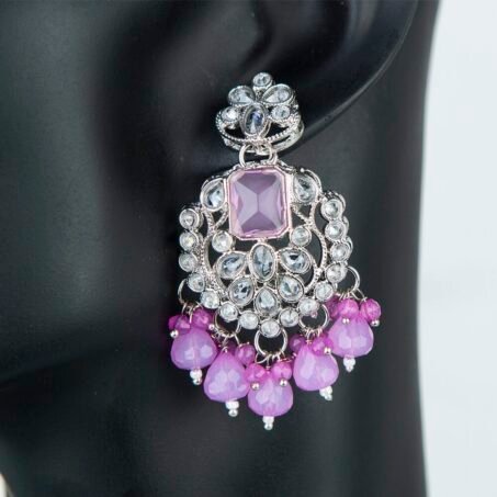 Rhodium plated Contemporary Pink Cubic Zirconia Drop Earrings