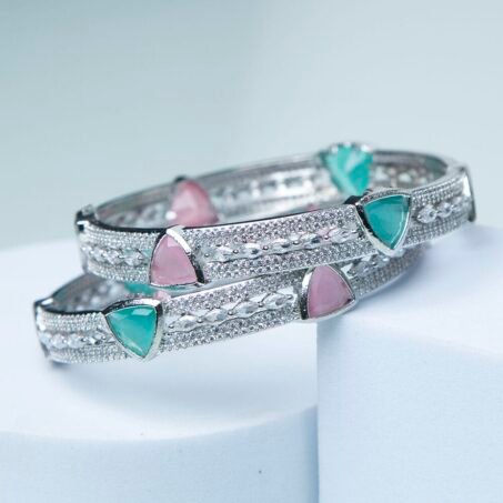 Rhodium Plated Glistening Mint Pink American Diamond Bangles