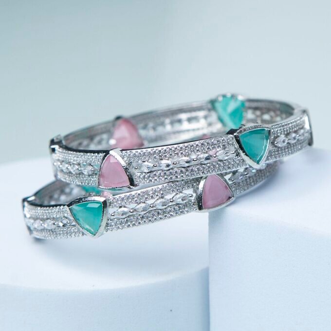 Rhodium Plated Glistening Mint Pink American Diamond Bangles