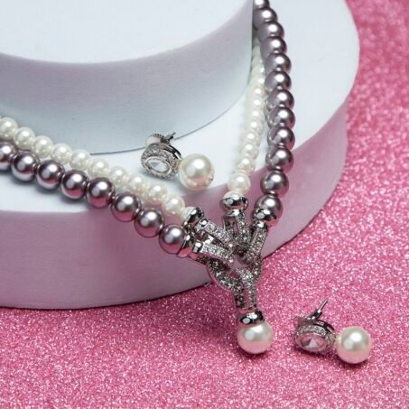 Elegant Brown shining Multi Layer Pearl Earring and Necklace Set