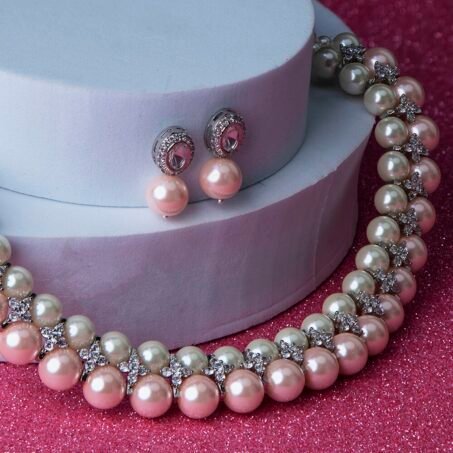 Stylish Two Layer Pink pearl jewelry deals Necklace set