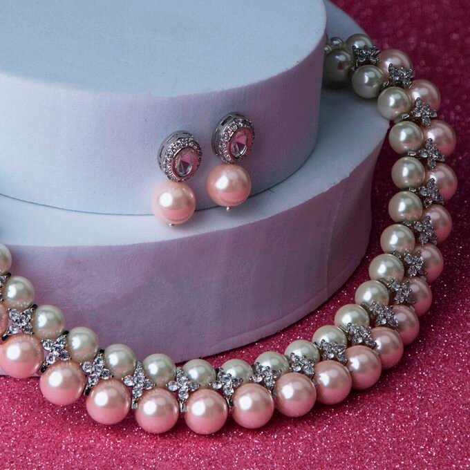Stylish Two Layer Pink pearl jewelry deals Necklace set
