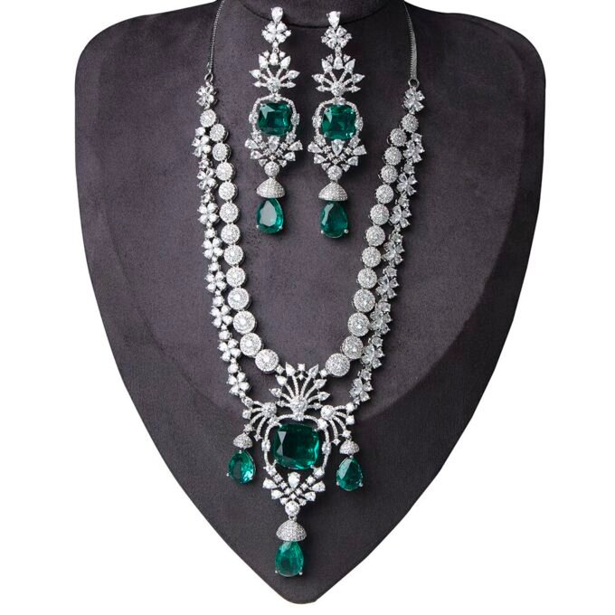 American Diamond Green 2 Layer Necklace With Earring Combo
