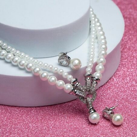 Elegant White shining Multi Layer Pearl Earring and Necklace Set