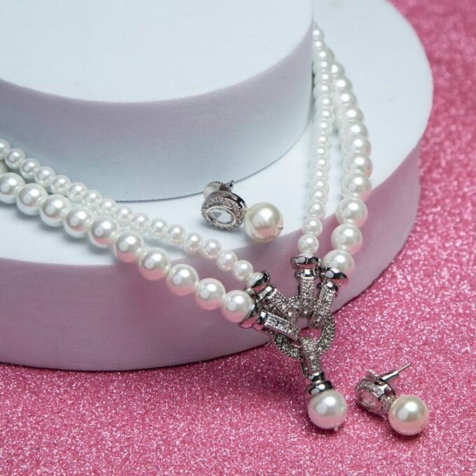Elegant White shining Multi Layer Pearl Earring and Necklace Set