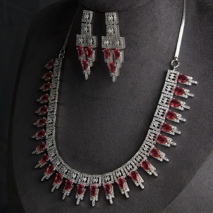 Wine AD Stone Embellished Necklace With Earring Set