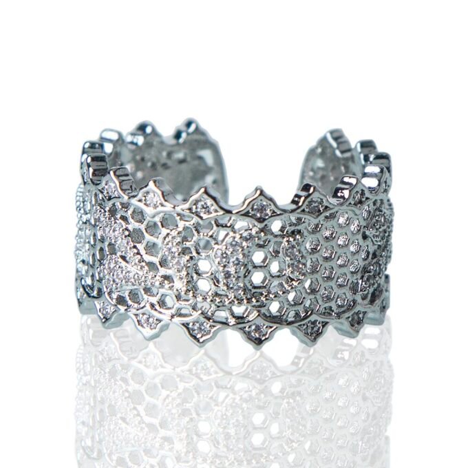Retro Art Hollow Zircon Flower Rhodium Plated Ring