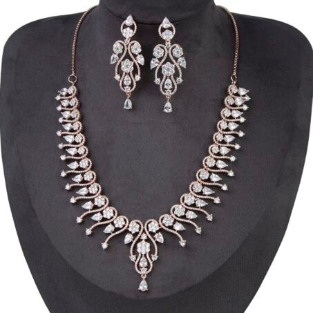 American Diamond White Color Stone Rose Gold Necklace Set