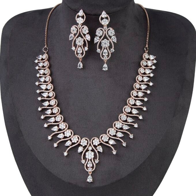 American Diamond White Color Stone Rose Gold Necklace Set