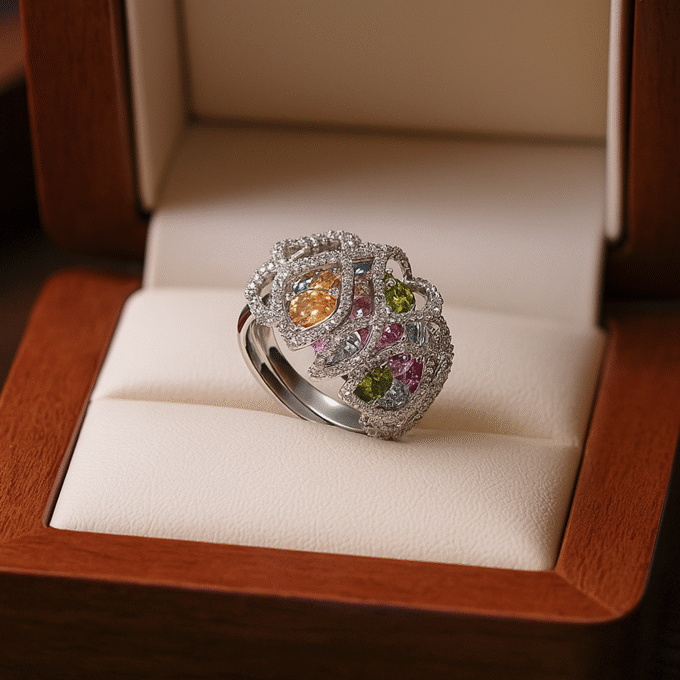 Flower Type Multi-color American Diamond Ring