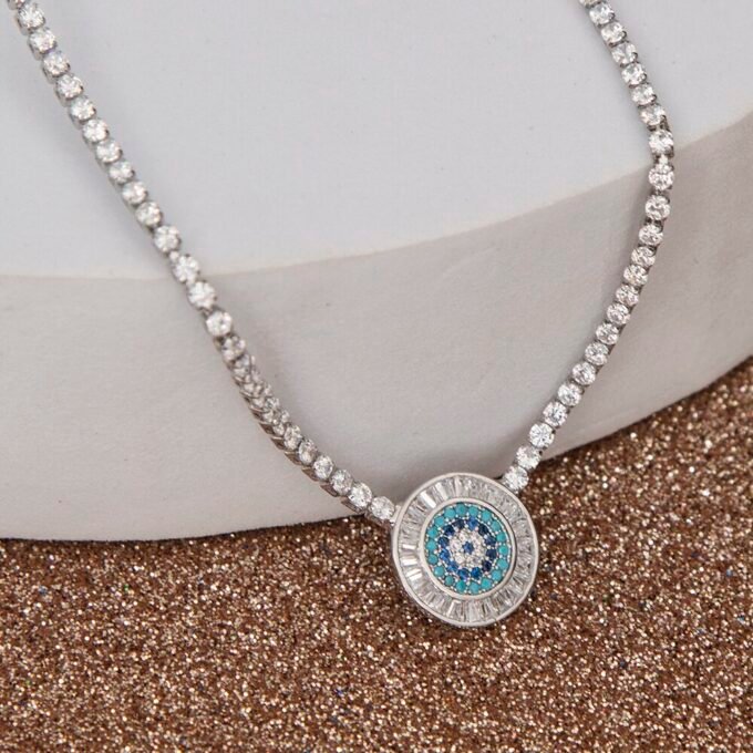 Evil Eye Baguette Eternity Silver Plated Adjustable Slider Necklace