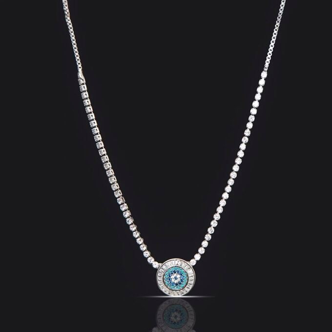 Evil Eye Baguette Eternity Silver Plated Adjustable Slider Necklace