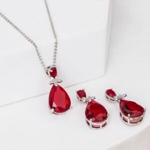 Ruby Cubic Zirconia Studded Pear Shaped Necklace Set