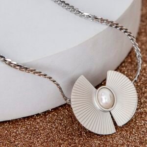 Rhodium Plated Pearl Pendant Fan Collar Necklace