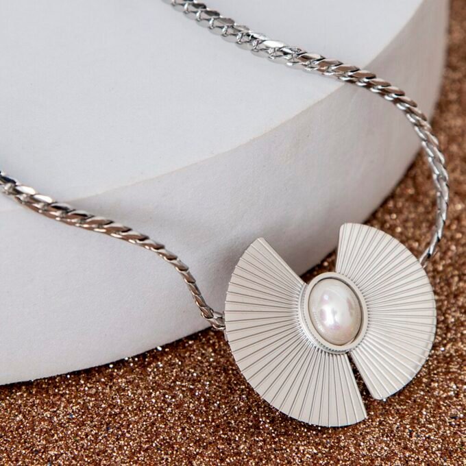 Rhodium Plated Pearl Pendant Fan Collar Necklace